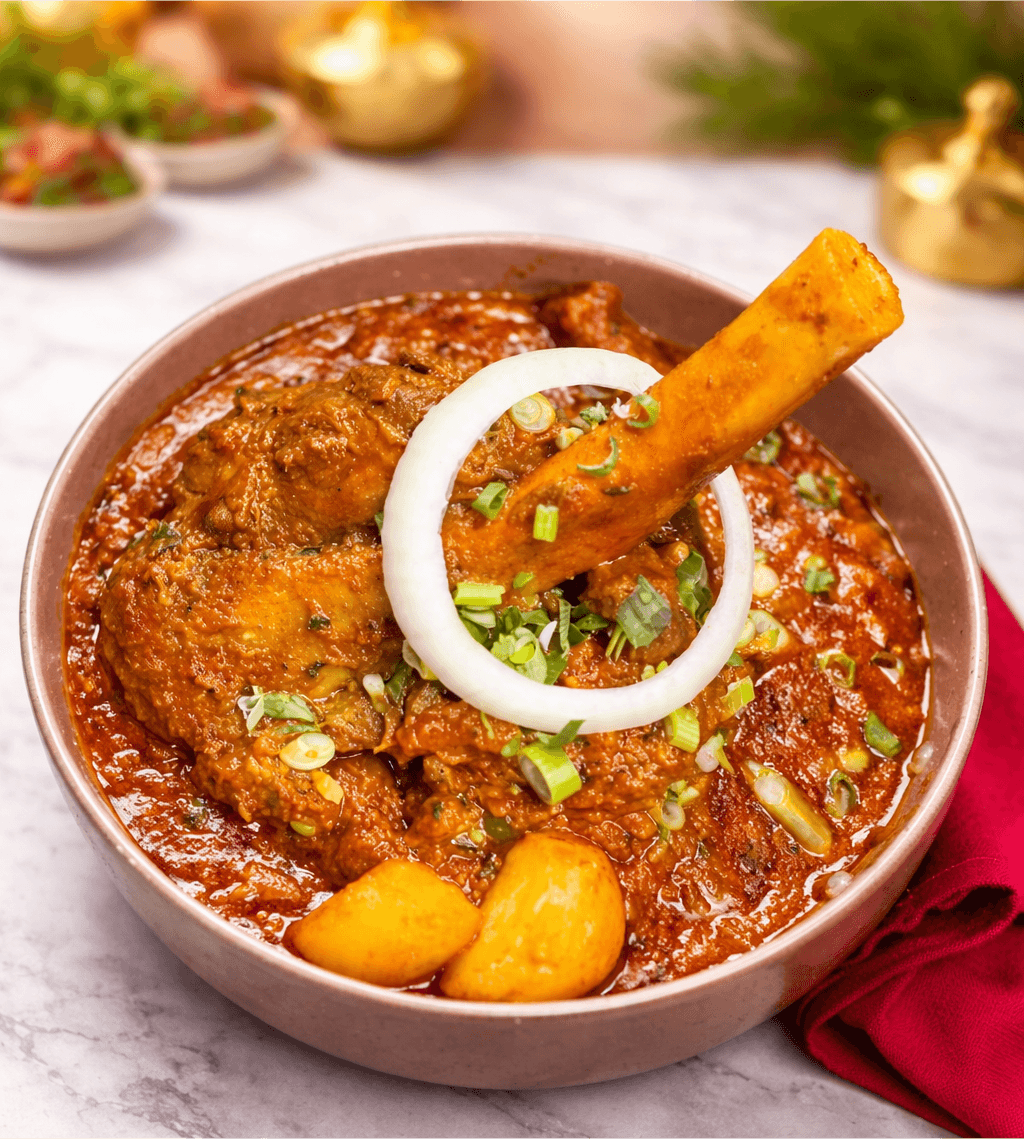 Rich curry topped with fresh coriander